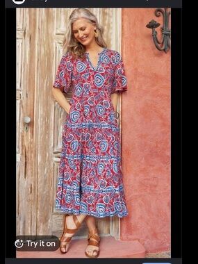 Soft Surroundings Lilith Tiered Midi Dress in Red and Blue Paisley Print Sz 1X